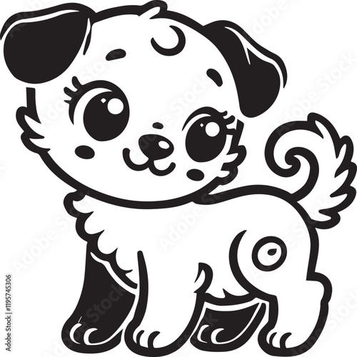 Cute silhouette puppy vector black and white (smiling face cute mini dog big ears and big hair vector black)