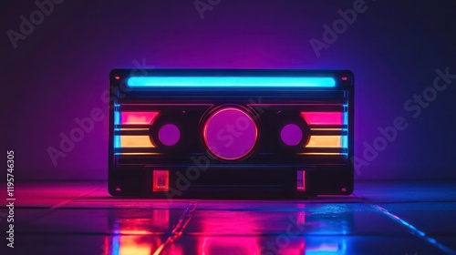 glowing neon cassette radiates vibrant colors, evoking nostalgia for the 90s. A retro audio tape perfect for symbolizing vintage music, pop culture, and throwback vibes in a modern, artistic way