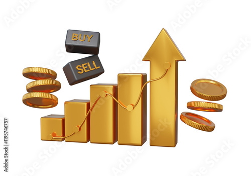 Statistics trading buy and sell golden chart stock with coins financial business investment. growth statistics trader currency exchange concept. 3d rendering illustration