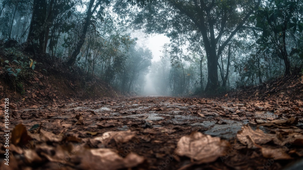 Serene forest path surrounded by towering trees and fallen leaves, autumnal ambiance, nature escape Serene forest path surrounded by towering trees and fallen leaves, autumnal ambiance, nature escape