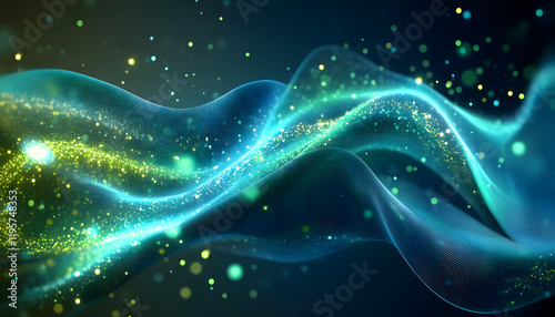 Background with glowing light blue and green lines, particles of data flowing in the air.