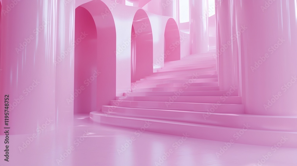 Obraz premium Pink Architectural Stairway: An abstract and ethereal rendering of a pink stairway, the gentle curves and soft light evoke a sense of elegance and dreamlike beauty.