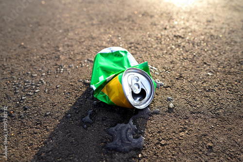 Crumpled soda can on asphalt with drink spilled. Discarded broken carbonated drink tin can on asphalt road. Problem social, crime. Thrown out Crushed juce. Crumpled Beer Can Crushed. Spilled drink. photo