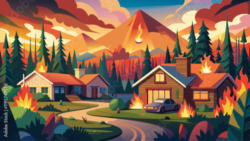 Wildfire burning forest near houses threatening suburban area