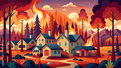 Wildfire burning forest near houses threatening suburban area