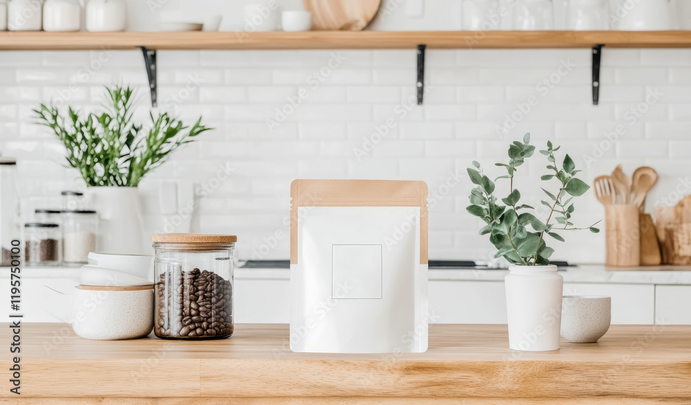 Fototapeta premium Coffee Packaging Mockup in Modern Kitchen Setting: Blank White Pouch on Wooden Counter with Coffee Beans, Plants, and Minimalist Decor