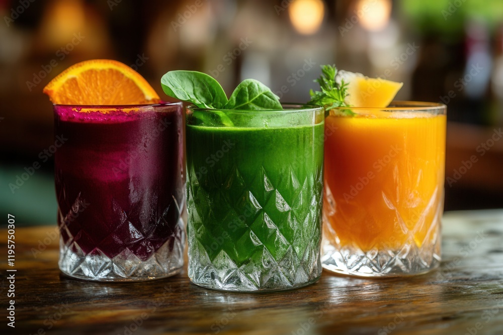 Fototapeta premium Colorful fresh juices resting on wooden table in restaurant setting