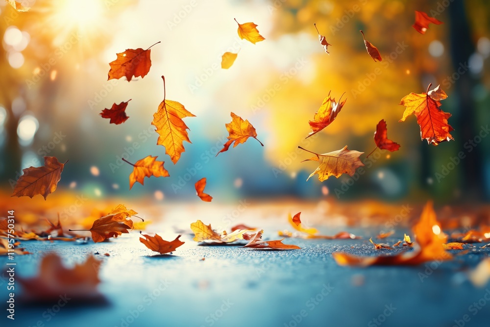 Colorful autumn leaves falling in sunlight on a blurred outdoor path. Seasonal nature concepts Colorful autumn leaves falling in sunlight on a blurred outdoor path. Seasonal nature concepts