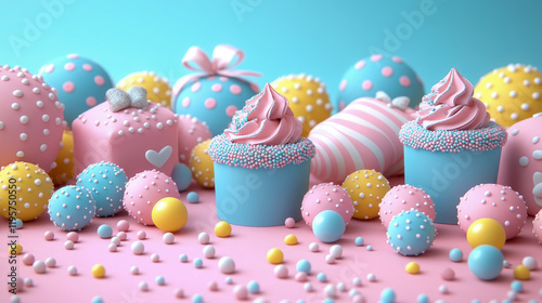 Delightful Pastel Sweetscape: A 3D Render of Cupcakes and Confectionery Spheres photo