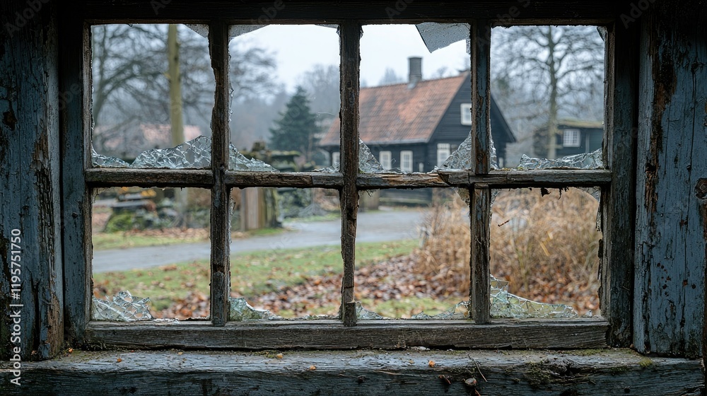 Fototapeta premium Broken Window Frame Showing Distant House And Trees