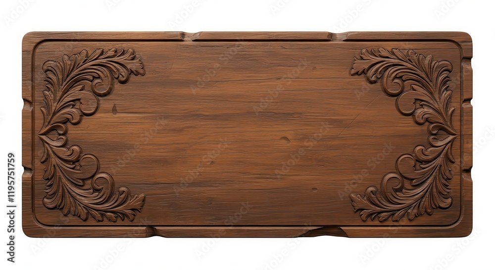 Naklejka premium Uma placa de madeira retangular com bordas ásperas, detalhes esculpidos e uma textura rústica, centrada em um fundo branco limpo