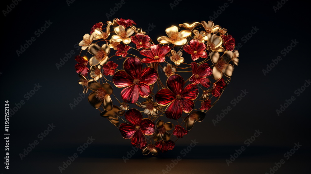 Elegant gold and red floral ornament heart-shaped _002 Elegant gold and red floral ornament heart-shaped _002