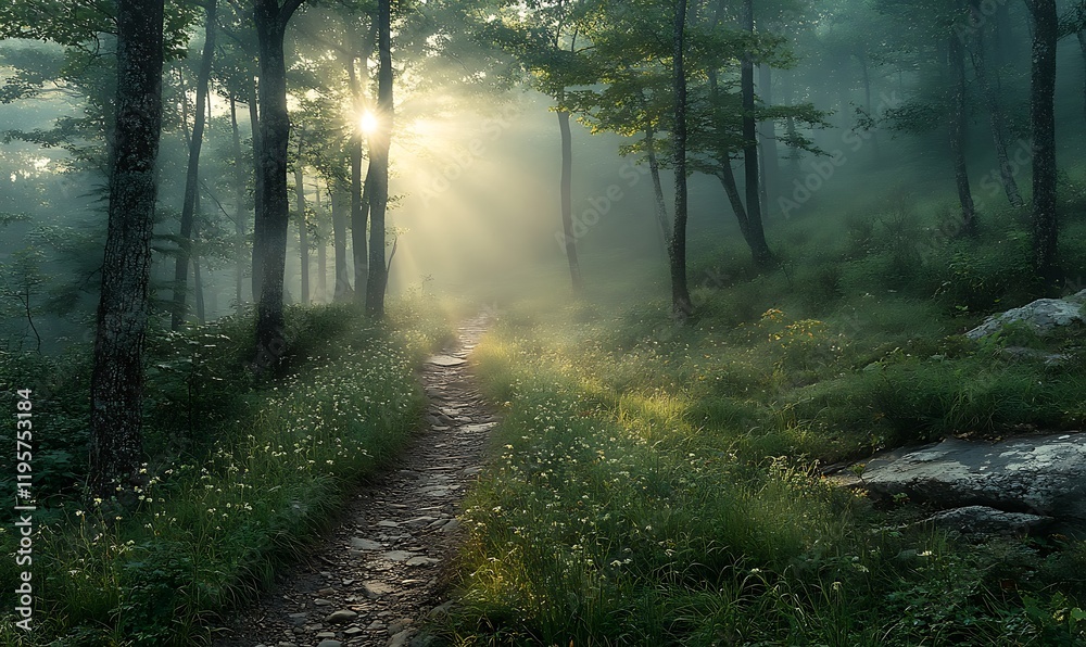Obraz premium The Appalachian Trail bathed in soft, diffused morning light with the sun