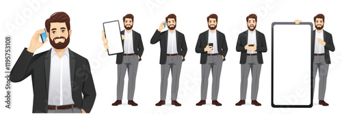 Set of handsome business man wearing office formal clothes standing in different poses, holding mobile phone, talking, texting and showing empty screen. Isolated vector illustration