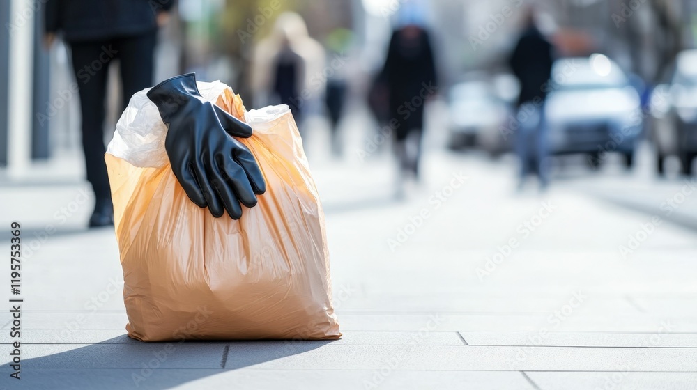 Fototapeta premium Urban cleanup concept with gloves on trash bag in cityscape setting