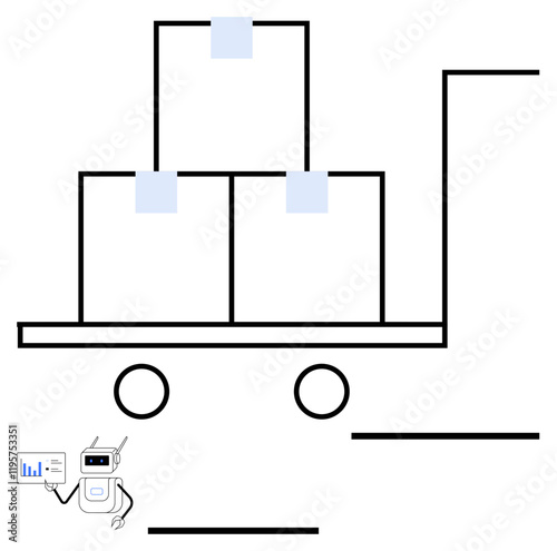 Stacked boxes on a cart pushed by a robot holding a document. Ideal for logistics, automation, shipping, warehousing, e-commerce, robotics, abstract line flat metaphor