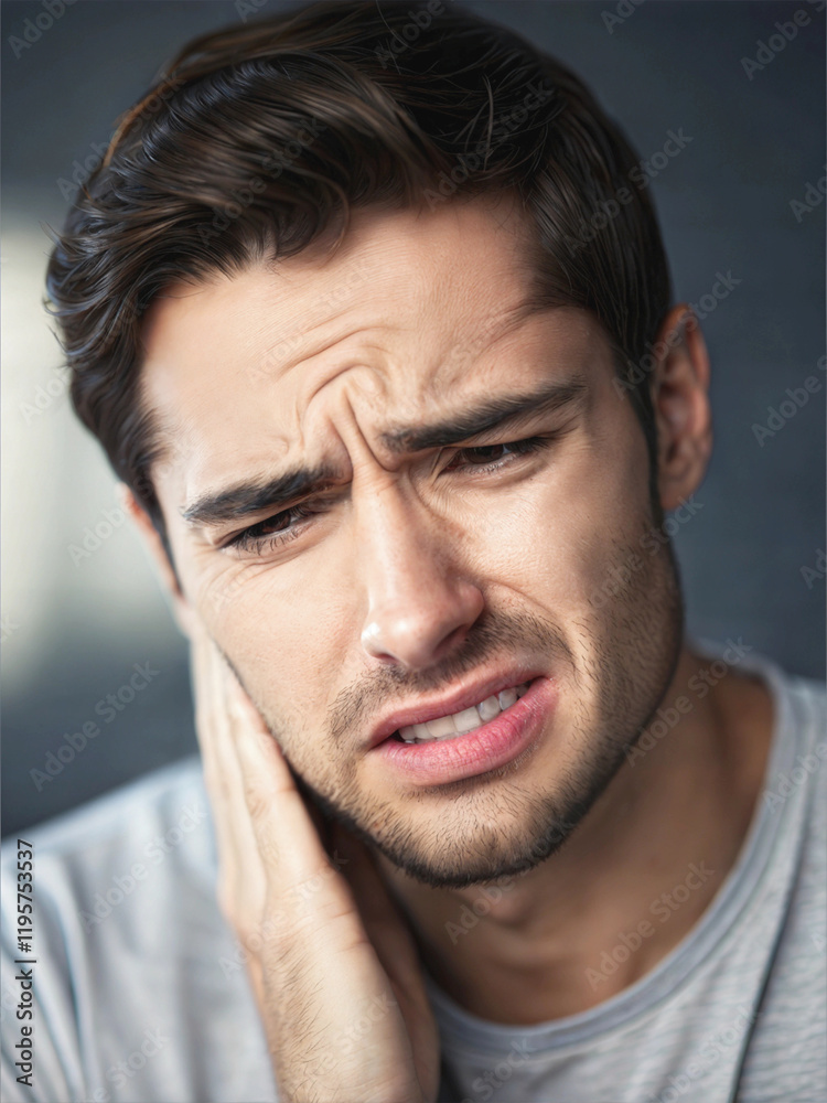Portrait of handsome man with bad toothache, sore tooth, holding his face, painful expression, people at dentist