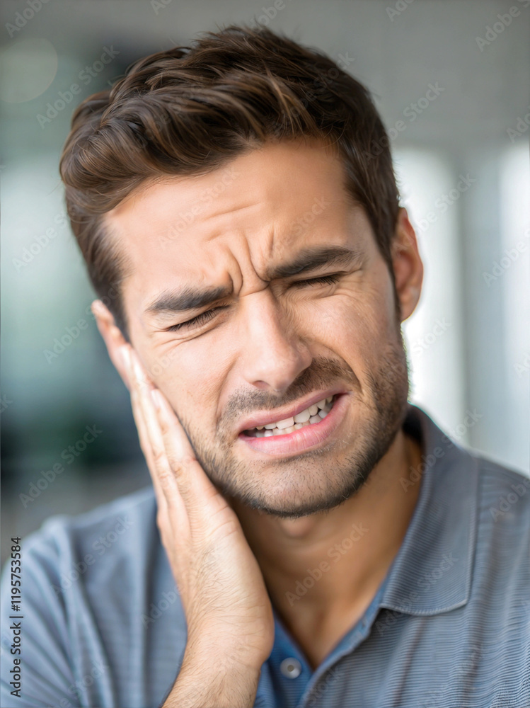 Portrait of handsome man with bad toothache, sore tooth, holding his face, painful expression, people at dentist