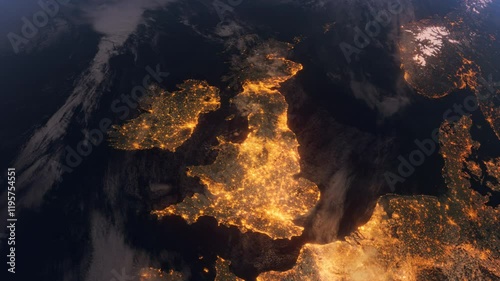 British Isles from Space at Night. Night City Lights. Earth From Space Orbit. England, United Kingdoms, Wales, Ireland, Scotland. 4K, 29,97 fps.
