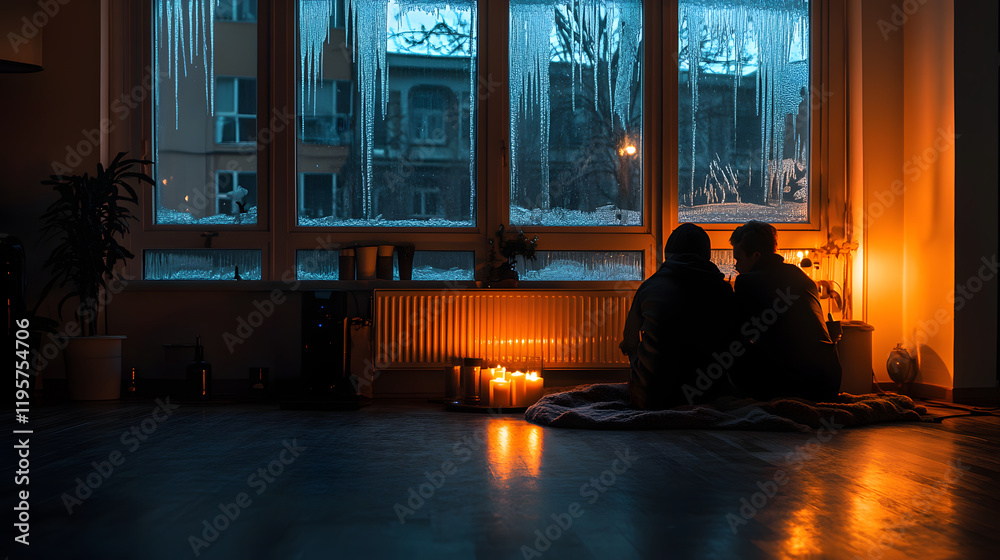 Two people seated on a blanket, enjoying a cozy winter evening at home. Two people seated on a blanket, enjoying a cozy winter evening at home.