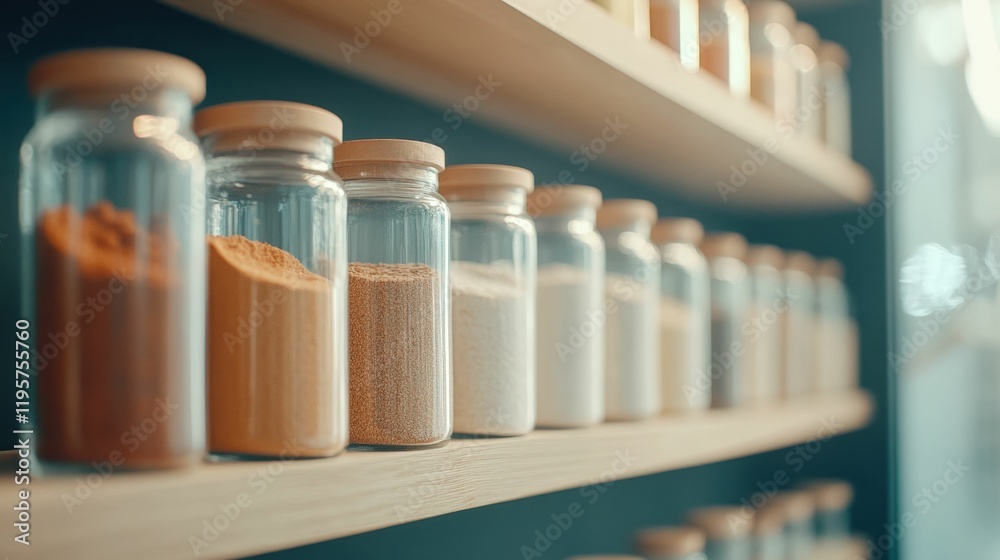 Assorted bulk spices in glass jars on wooden shelf for kitchen organization and cooking inspiration Assorted bulk spices in glass jars on wooden shelf for kitchen organization and cooking inspiration