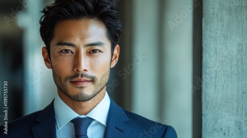 Confident business professional in formal attire, standing in a modern office setting with natural light