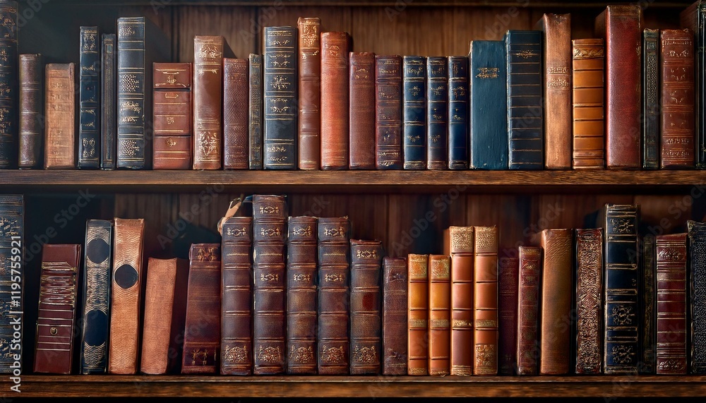 Antique books fill wooden shelves, creating a warm, nostalgic atmosphere. Antique books fill wooden shelves, creating a warm, nostalgic atmosphere.