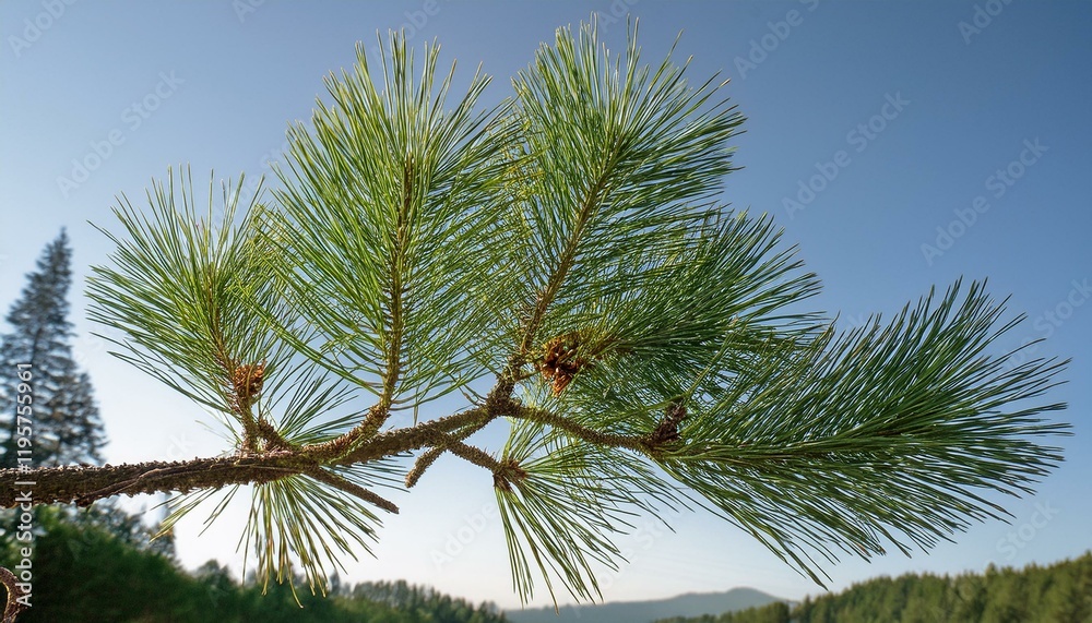Fototapeta premium Pine branch against a clear blue sky.