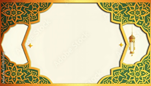 Elegant Gold and Green Islamic Greeting Card Template with Ornamental Frame and Copy Space. Perfect for Eid Mubarak, Ramadan, or other Islamic celebrations.  Features intricate Arabic patterns, a luxu photo