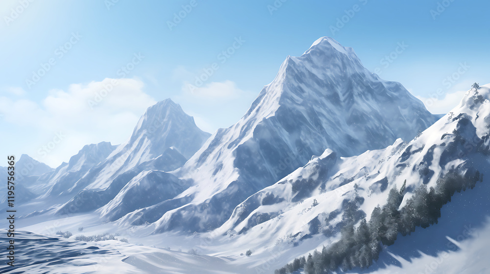 Fototapeta premium Realistic Snowy Mountain Landscape with Smooth Snow Textures,Snowy Mountain Landscape on White Background,Snowy Mountain Landscape Isolated, blue sky,Majestic mountain range triptych,Generative Ai