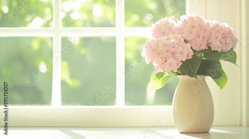 Close-up of pink hydrangea flowers in vintage vase by sunlit window