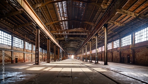 Sunlit interior of an abandoned industrial warehouse.