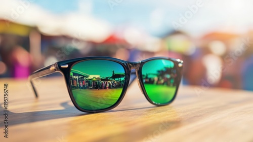 Vibrant sunglasses reflecting market scene with summer vibes photo