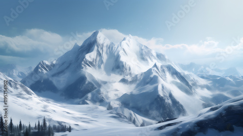 Realistic Snowy Mountain Landscape with Smooth Snow Textures,Snowy Mountain Landscape on White Background,Snowy Mountain Landscape Isolated, blue sky,Majestic mountain range triptych,Generative Ai