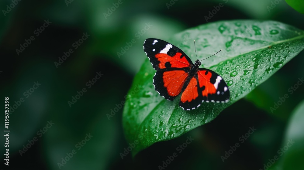 Vibrant butterfly and ladybug on dew-kissed green leaf