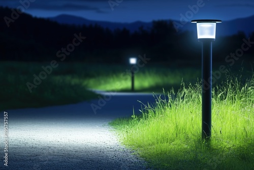 Illuminated path with modern solar-powered lamps at night surrounded by greenery. Concept of renewable lighting. photo