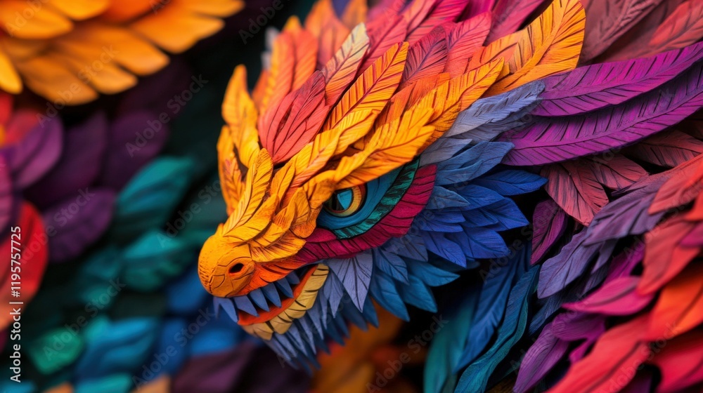 Fototapeta premium Vibrant handcrafted mythical figurine with colorful tapestry design