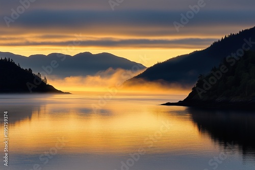 Golden sunrise over misty lake surrounded by mountains, calm and scenic natural beauty.