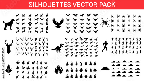 Big vector pack of silhouette designs of different animals and objects. Clip art of dogs, eagles, spiders, deers, dinosaurs, people running, plant leaves, fire and flames and clouds.