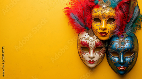 Venetian and Mardi Gras carnival masks on yellow background, above view with copy space photo