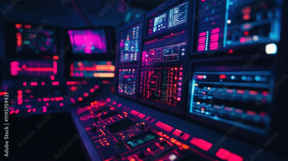 Futuristic cyberpunk control room with neon lights and high tech displays