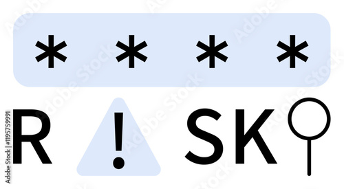 Asterisks in a password entry field, the word RISK with a caution triangle replacing the letter I. Ideal for cybersecurity, online protection, data security, password strength, digital safety, IT
