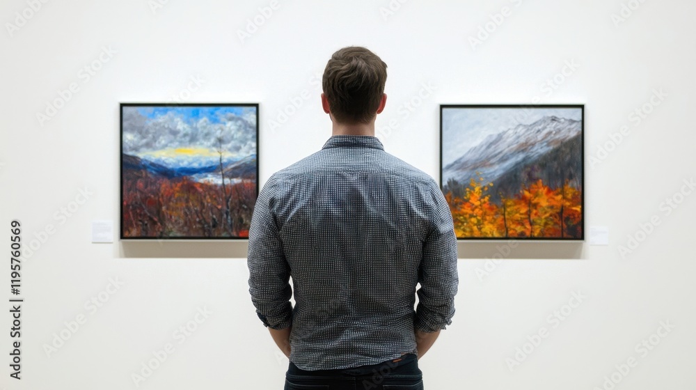 A man stands in front of two paintings A man stands in front of two paintings