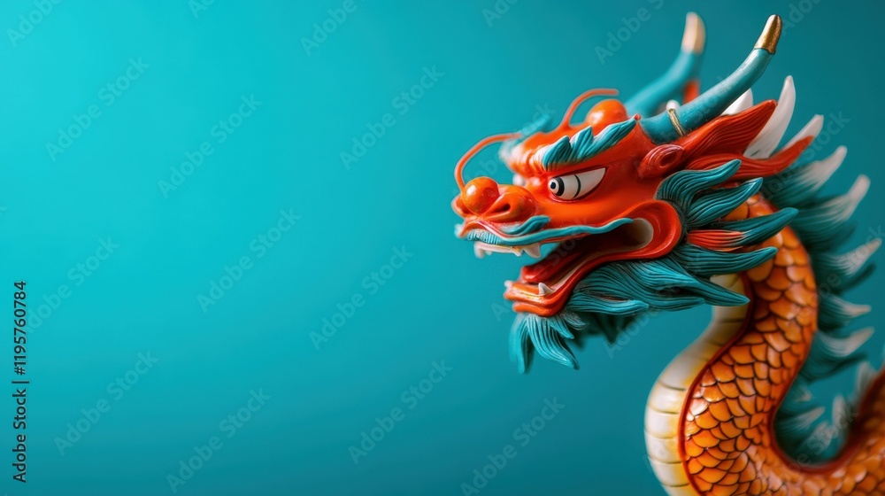 Mythical dragon figurine with vibrant colors against a turquoise background Mythical dragon figurine with vibrant colors against a turquoise background