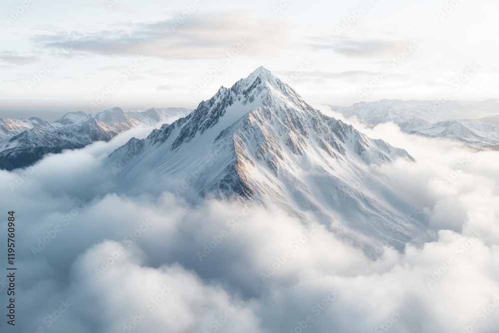 Majestic snow-capped mountain emerging from wispy clouds at dawn, illuminating the vast wilderness below with soft light. Generative AI Majestic snow-capped mountain emerging from wispy clouds at dawn, illuminating the vast wilderness below with soft light. Generative AI