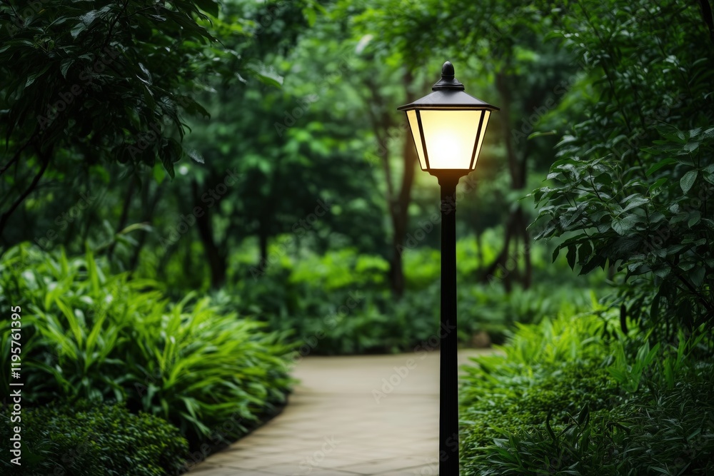 Illuminated street lamp in a lush green park, evening ambiance. urban tranquility and nature. Illuminated street lamp in a lush green park, evening ambiance. urban tranquility and nature.