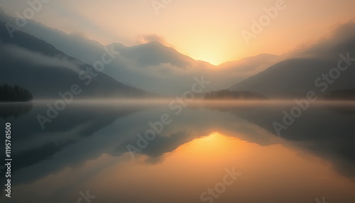 Serene Sunrise over Misty Mountain Lake: Peaceful Landscape for Greeting Cards