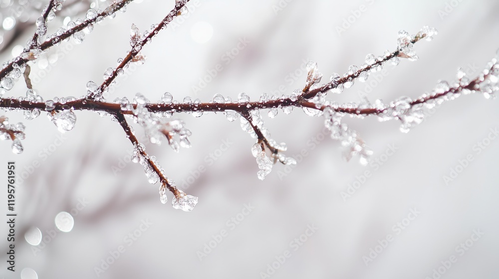 Icicle-like water droplets cling to delicate branches on a foggy winter day in a serene natural setting Icicle-like water droplets cling to delicate branches on a foggy winter day in a serene natural setting