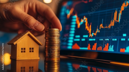 Investor stacking coins near house model with stock chart, symbolizing real estate investment, financial growth, home buying
