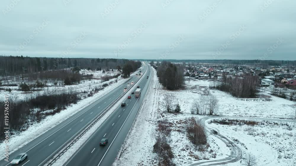 Stunning Aerial View of a SnowCovered Highway and its Surroundings in a Beautiful Winter Landscape Scene Stunning Aerial View of a SnowCovered Highway and its Surroundings in a Beautiful Winter Landscape Scene